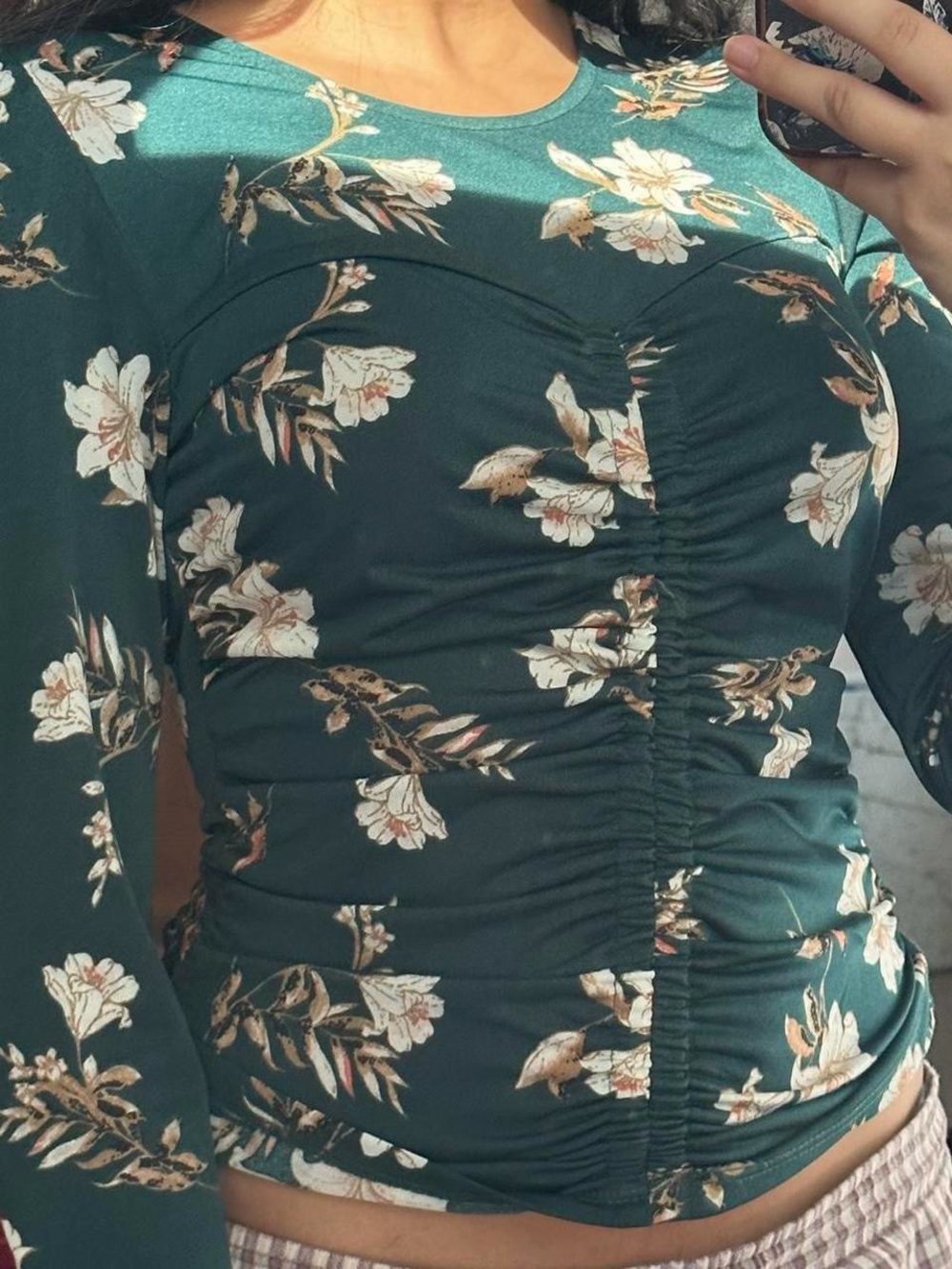Teal Floral Ruched Long Sleeve Top